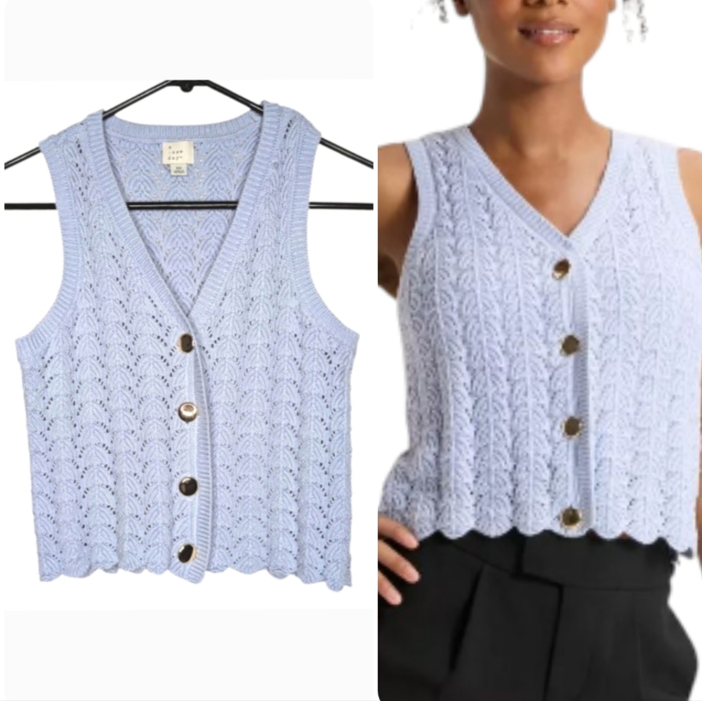 A New Day Women's Pointelle Lady Vest Light Blue Button Down V Neck Vest Size XS